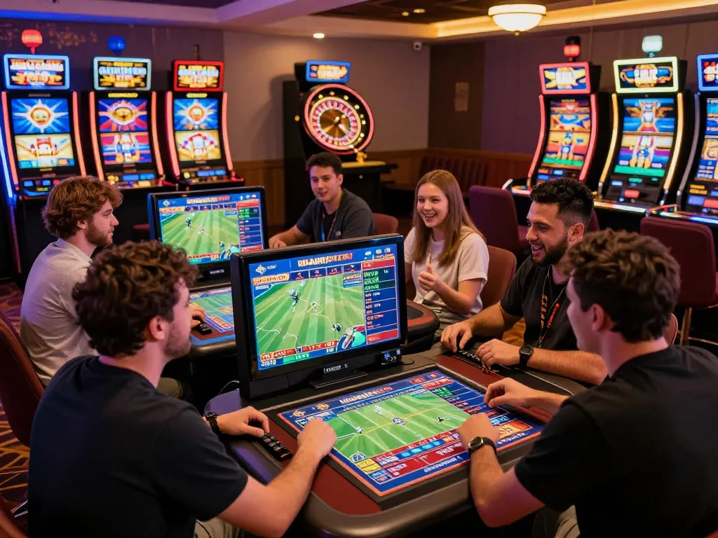 Engaged players enjoying online betting experiences at FB88 with live match stats and colorful graphics.