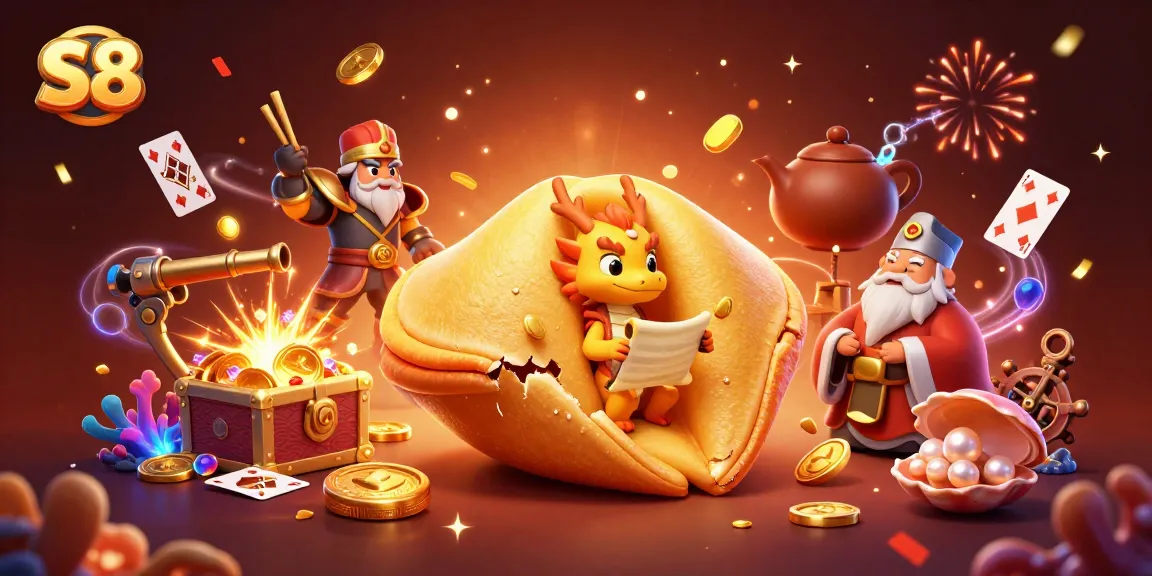 Experience the excitement of S8 casino with dynamic fortune characters amidst gold and treasure.