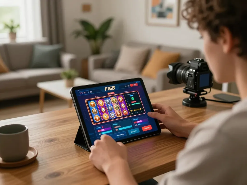 Player engaging with F168 casino app on tablet, showcasing online gaming.