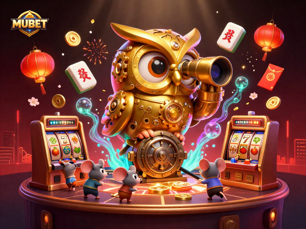 MUBET offers an exciting casino scene with a golden owl and lively slot machines.