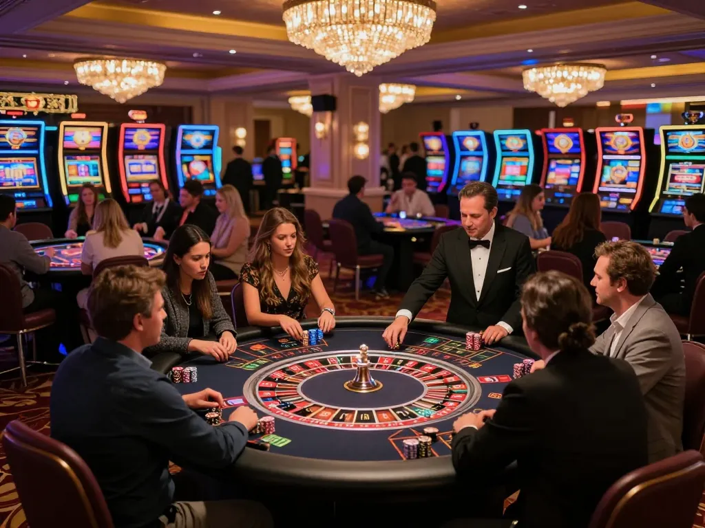 Players engaging in SC88 Red Door Roulette at a bustling casino floor with vibrant slot machines lighting the scene