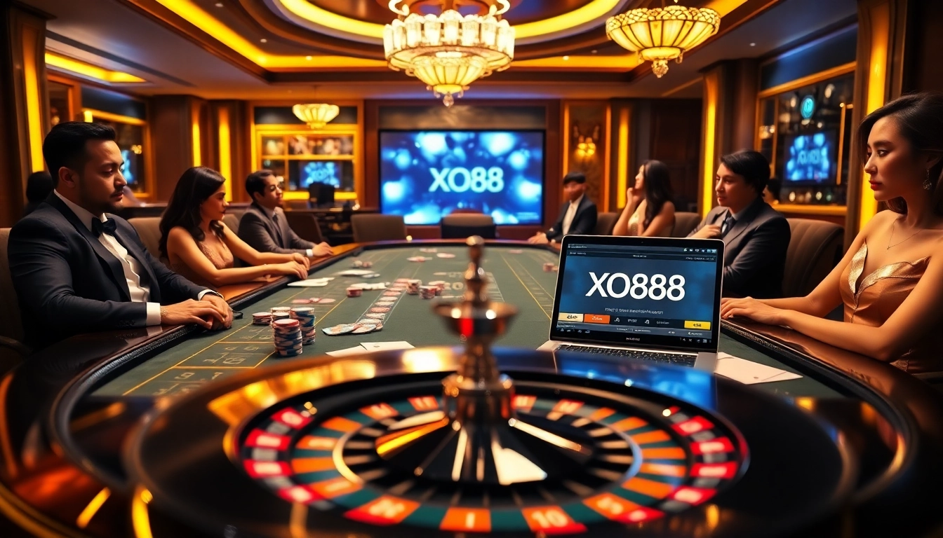 Engaging in high-stakes poker at xo88 with vibrant casino elements and strategic gameplay.