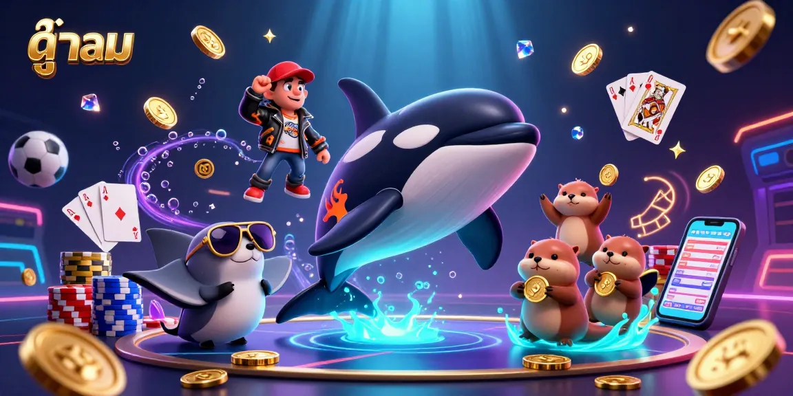 Engage in ดูบอล sports betting with a dynamic scene showcasing a cartoon whale, stingray, and otters among bright casino elements.
