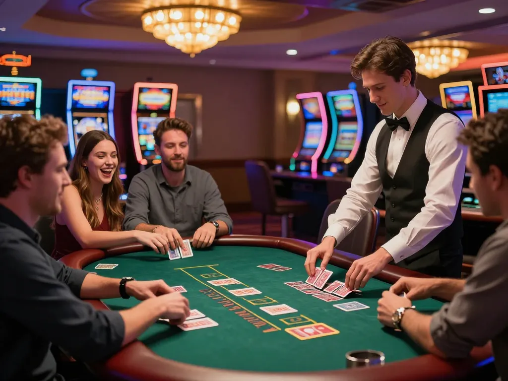 Players enjoying a thrilling game of blackjack at okwin, showcasing strategic decision-making amidst vibrant casino atmosphere.