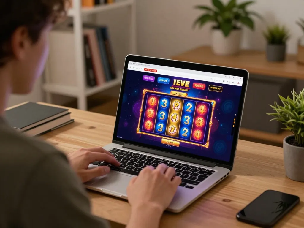 Play exciting slots at 23win168's online casino interface in a cozy home setup