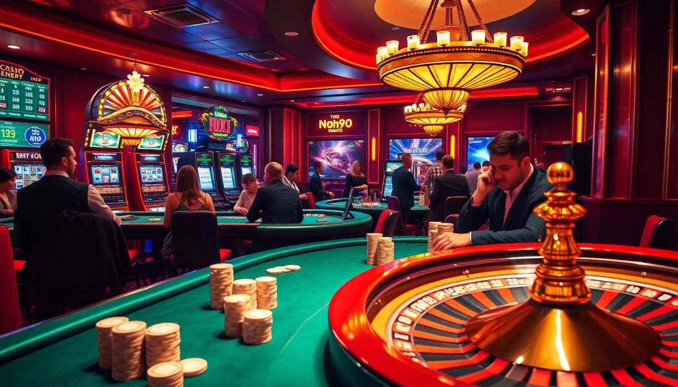 Exciting casino scene showcasing the online gambling experience at trang chủ nohu90 with vibrant tables and slot machines.