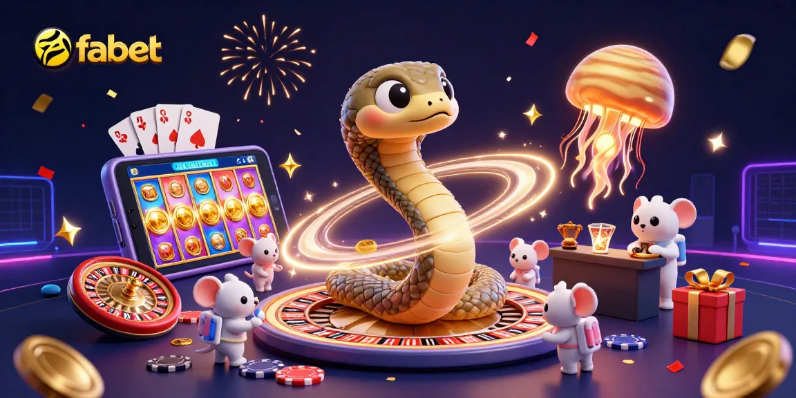 Experience the excitement of fabet with vibrant casino elements, featuring a Saturn snake and astronaut mice.