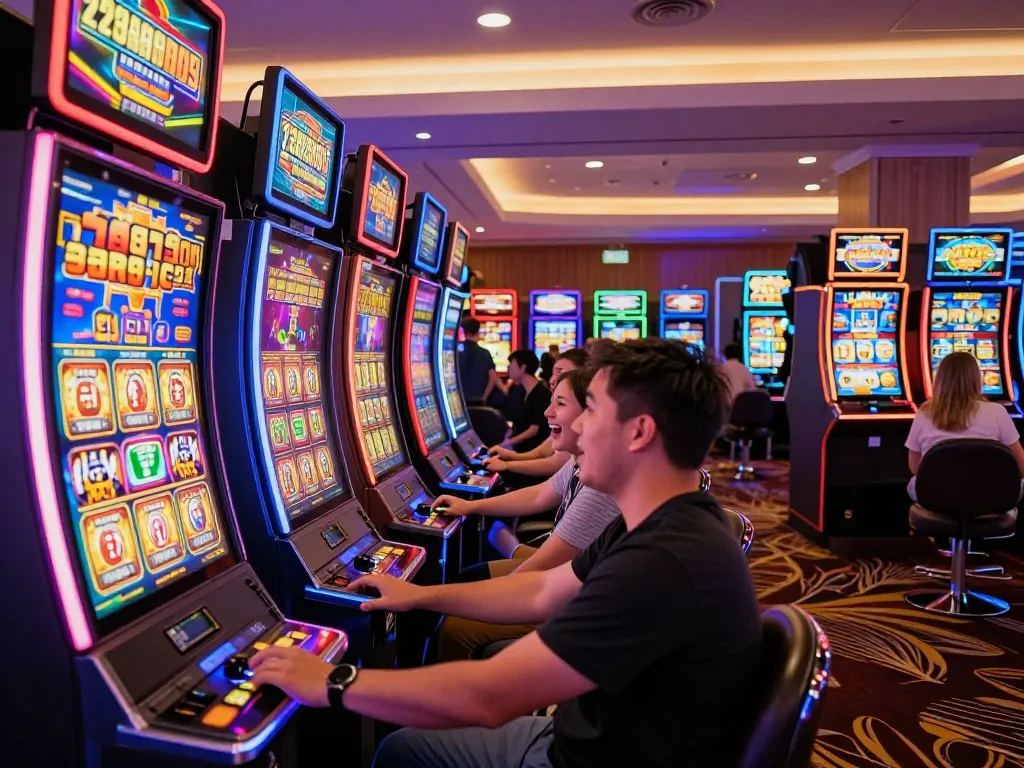 Players engaging with LLWIN slot machines, hoping for exciting jackpots in a vibrant casino setting.