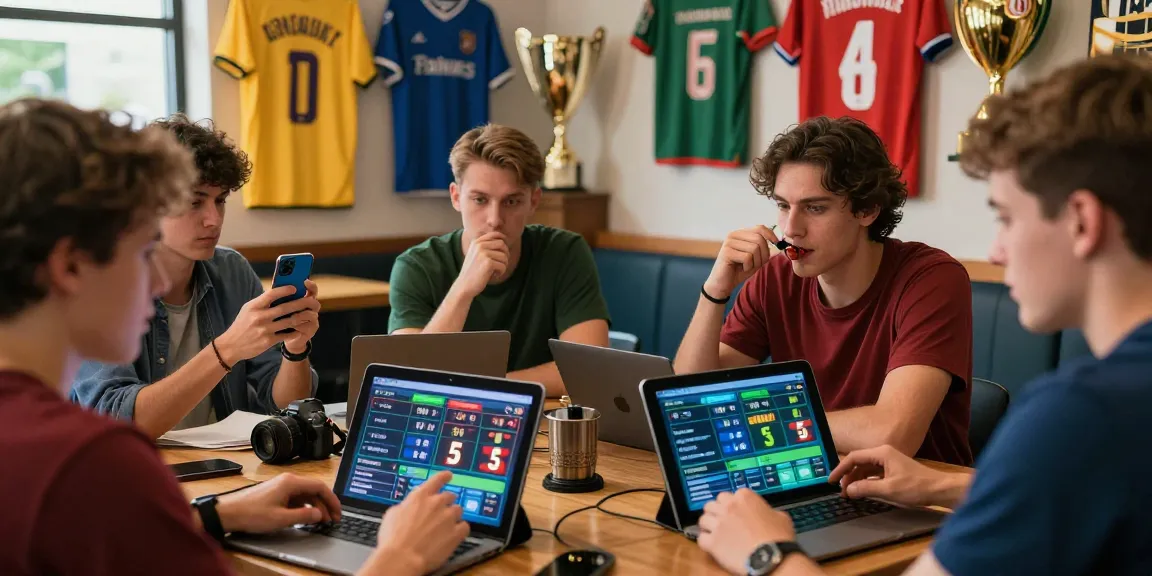 Tỷ lệ kèo nhà cái 5 displayed on devices in an energetic sports lounge with enthusiasts engaged in live betting.