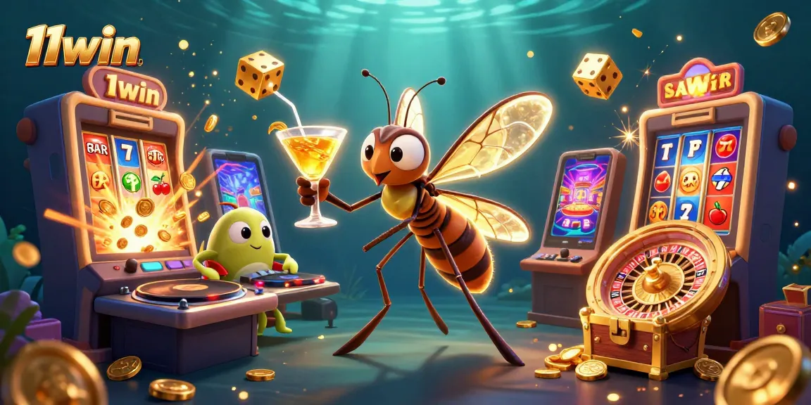 11win brings players excitement with a 3D casino illustration featuring vibrant slot machines and roulette wheels.
