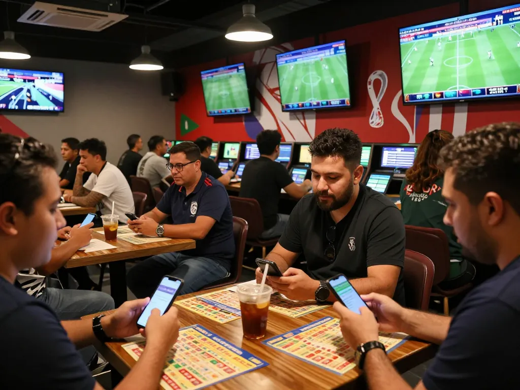 Fans betting on bola piala dunia 2026 in a lively sports betting lounge during the event