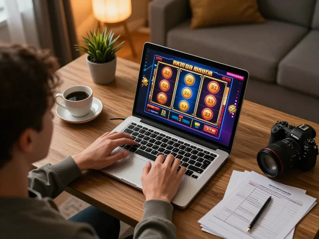 Engaging in online gameplay at trang chủ fun79, enjoying casino slots with a cozy home setup.