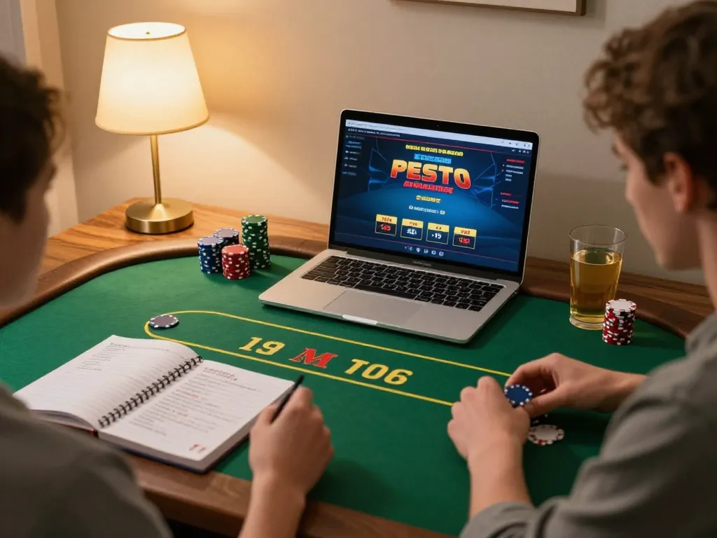 B52club gaming session at home with vibrant poker action on laptop and strategy notes