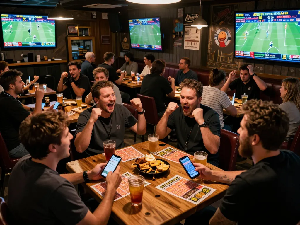 Fans engaged in sports betting action on 8kbetcom at a lively bar with multiple screens showing games.