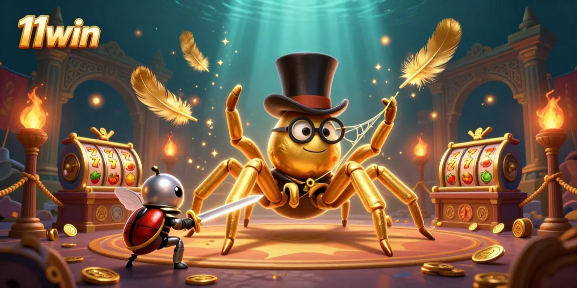 Experience excitement at 11win with a vibrant casino scene featuring a golden tarantula weaving a web of wins.