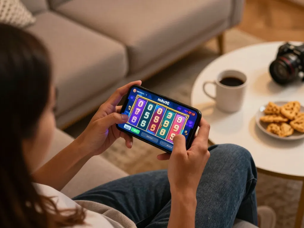 Nohu90 player enjoying a slot game on smartphone in a cozy living room setting.