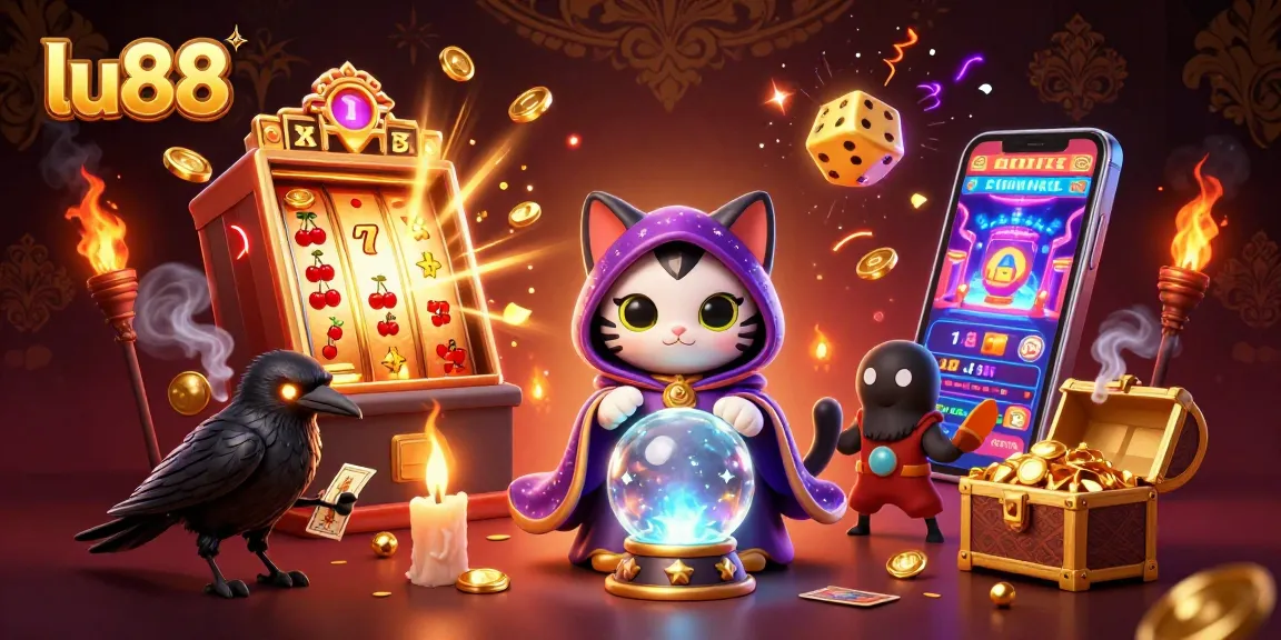 Experience thrilling wins with lu88, featuring a mystical cat and a raven in an energetic casino scene.