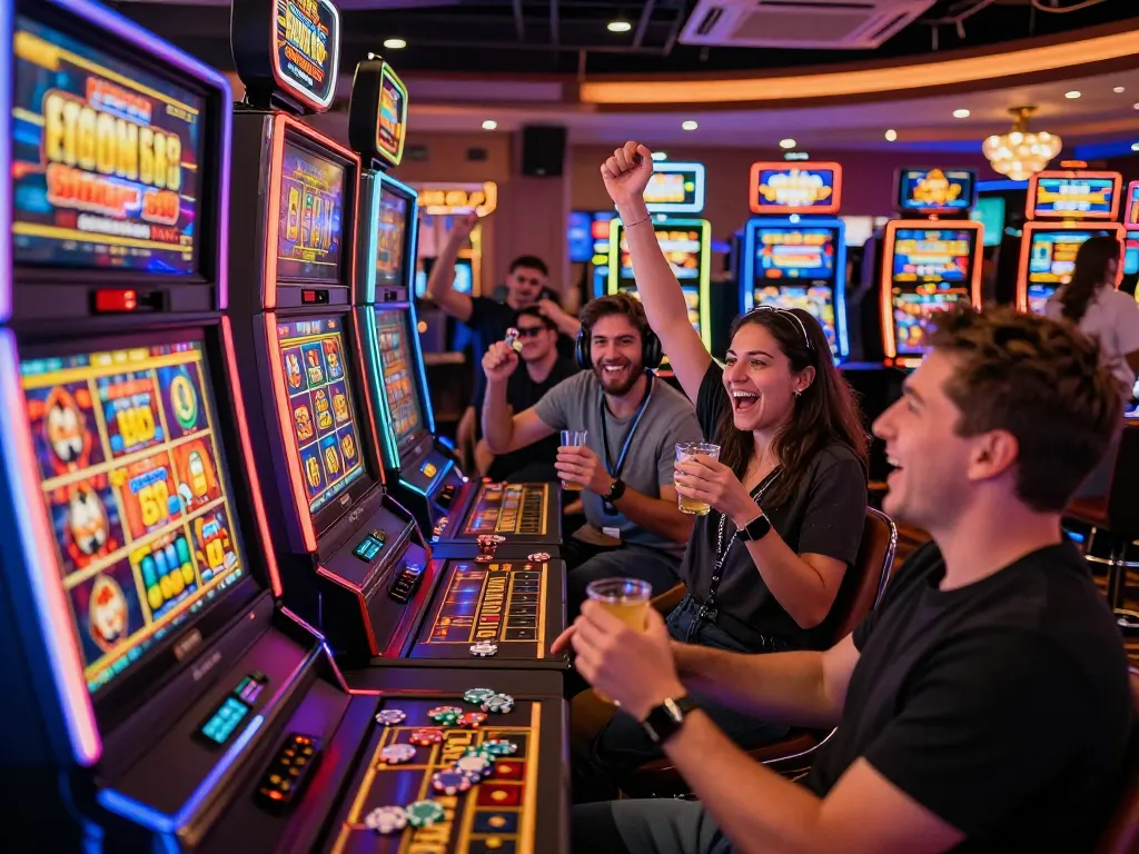 Excited players enjoying the Lucky 88 slot machine experience in a vibrant casino atmosphere.