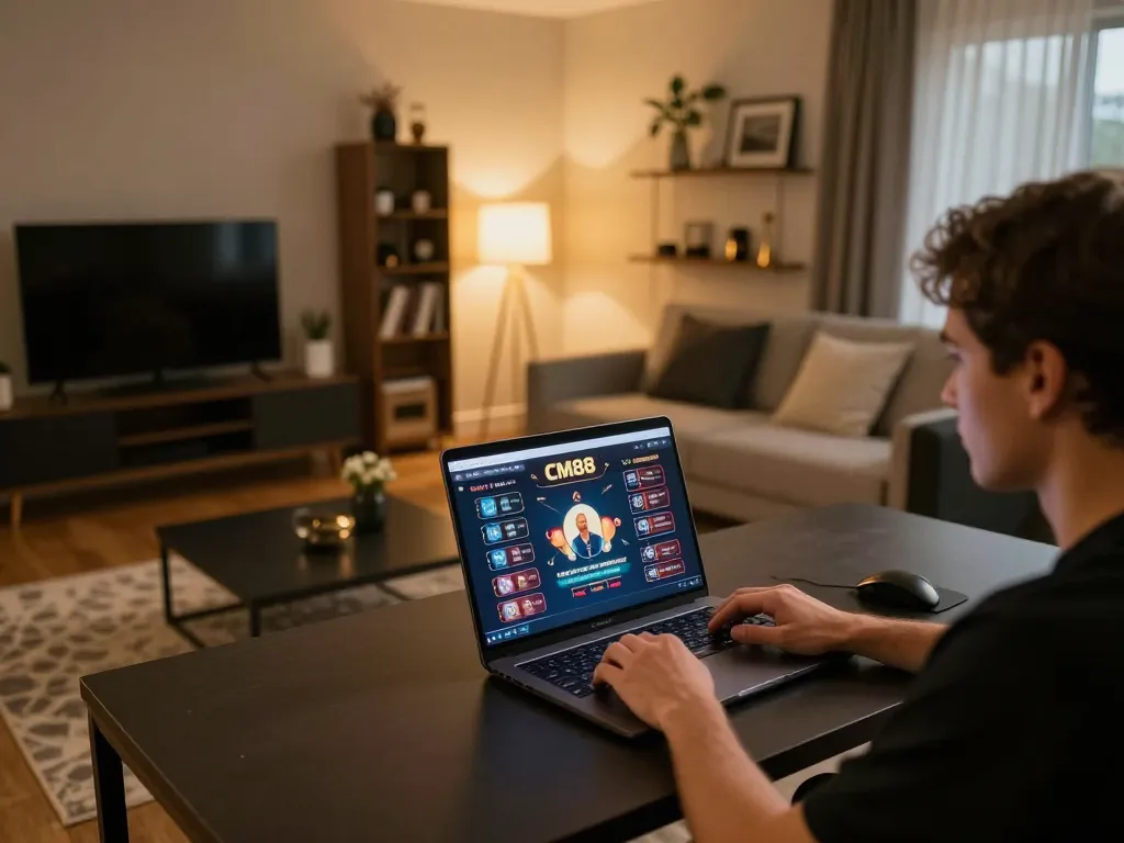 CM88 gaming setup with player using laptop for online casino betting at home