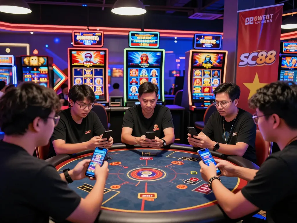 Engaging players using SC88 casino app in vibrant digital environment with neon lights and exciting games