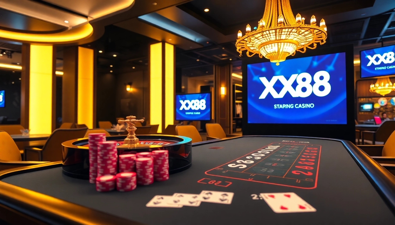 Exciting gambling scene showcasing XX88 logo with poker chips and roulette wheel.