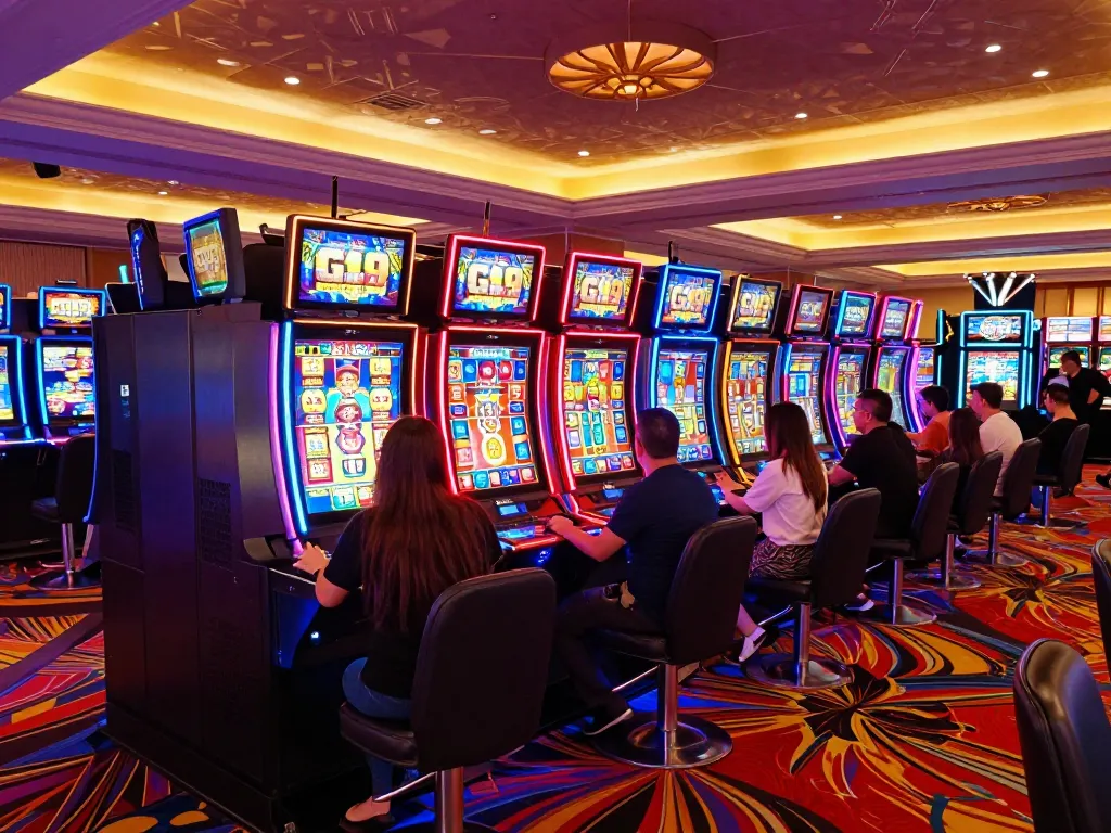 Players immersed in thrilling slot games at Go 99 casino with vibrant neon lights