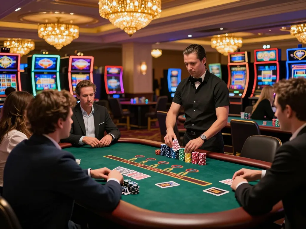 789wim players engaged in blackjack at upscale casino table with dealer and chips stacked.