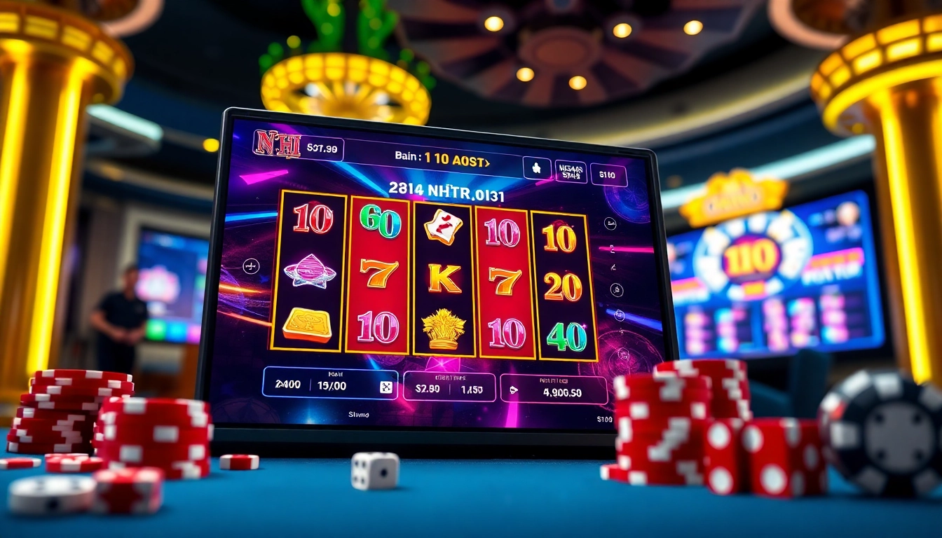 Nổ Hũ game showcasing vibrant slot reels and casino ambiance filled with excitement.