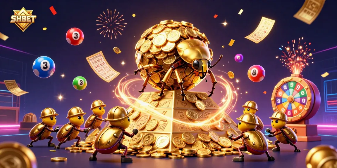 Engage in the thrilling world of SHBET while a golden dung beetle rolls coins representing amazing jackpots.