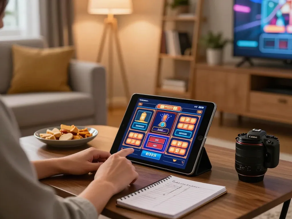 Engaged user playing slots on https://rr88co.net/ tablet in cozy home environment.