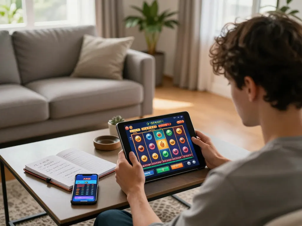 Player engaging with XX88 casino on tablet, showcasing a vibrant online slot game experience in a modern living room.