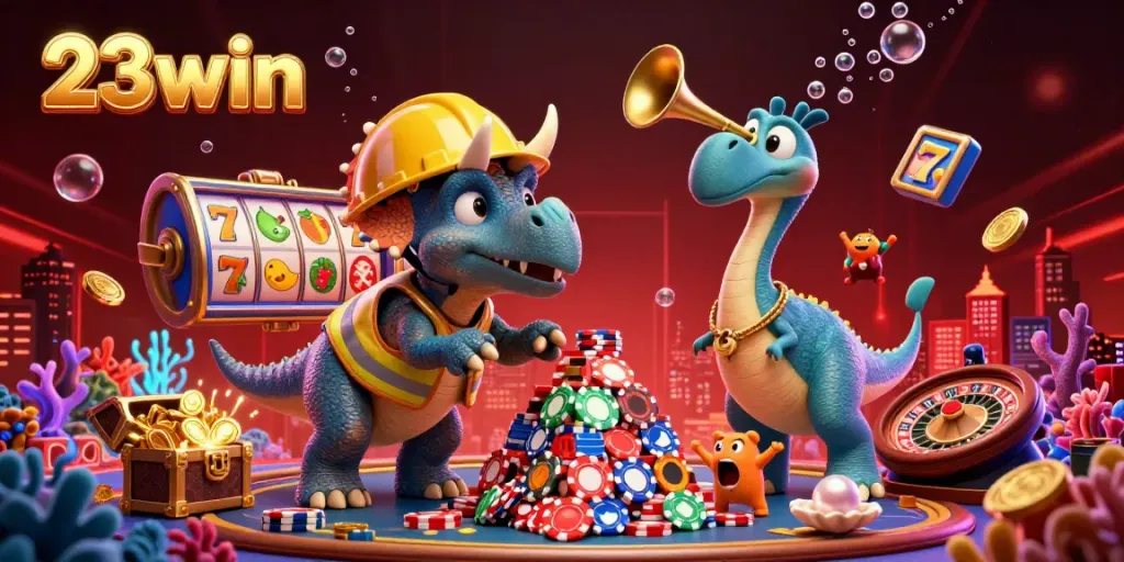 Experience 23win's vibrant casino world with triceratops building poker chip pyramids, embodying excitement and fun.