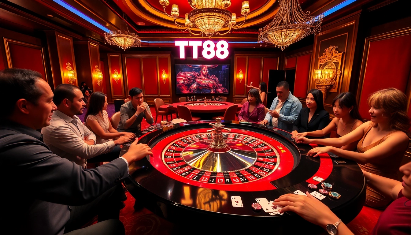 Experience the excitement of TT88 as players engage in thrilling roulette gameplay at a luxurious casino table.