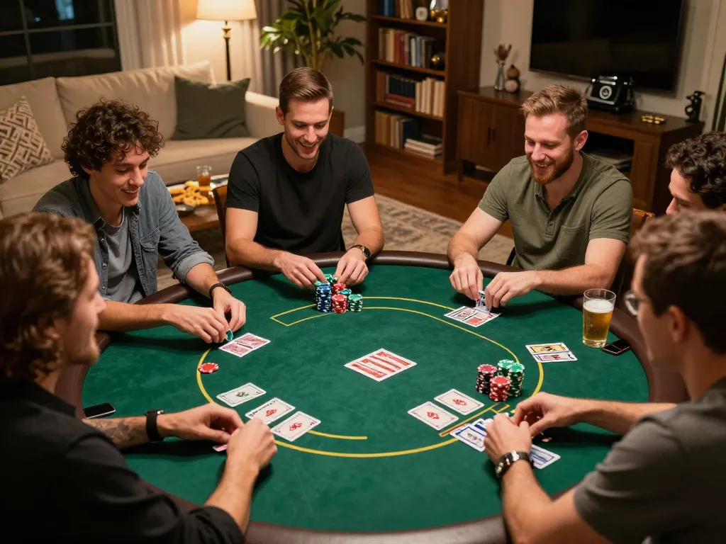 CK444 home poker night with friends enjoying Texas Hold'em in a cozy living room.