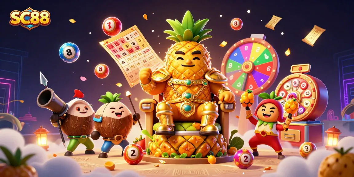 Engage with SC88's thrilling casino experience, featuring a vibrant 3D illustration of a golden pineapple king and dynamic game elements.