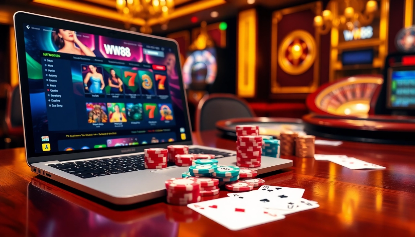 Experience thrilling poker play at WW88 with stylish chips and vibrant casino elements.