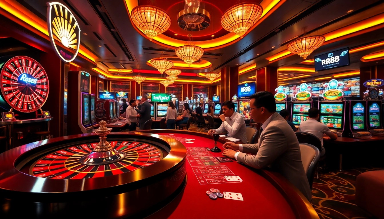 Players enjoying games at RR88 casino, with roulette and slot machines enhancing the excitement.