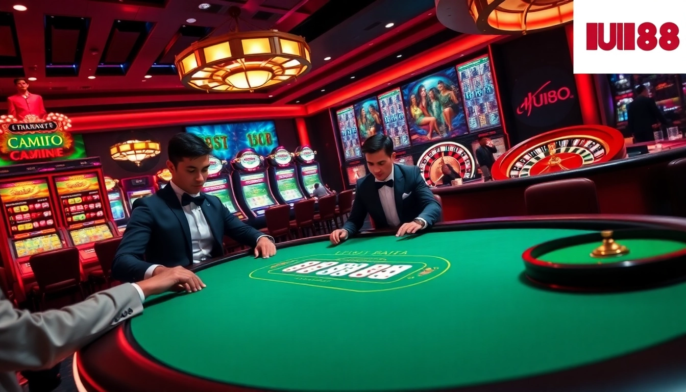 High-stakes poker action at UU88 casino with vibrant slots and roulette in view.