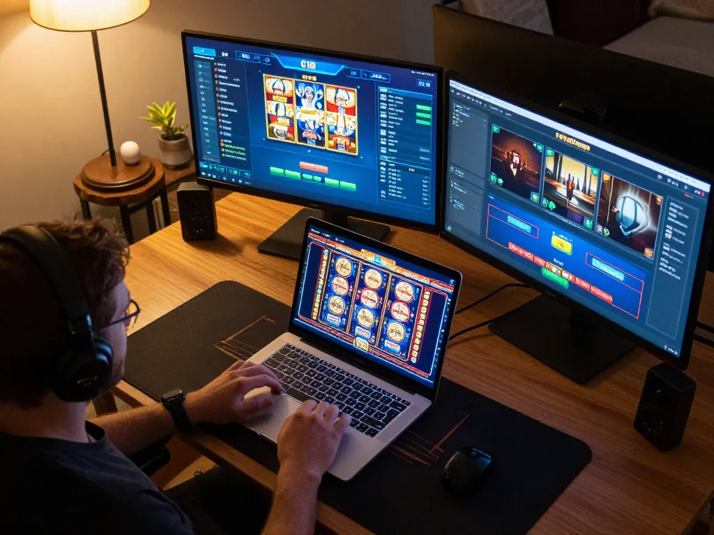 Engaging online gaming setup featuring C168 casino options on a laptop screen, showcasing vibrant gameplay.