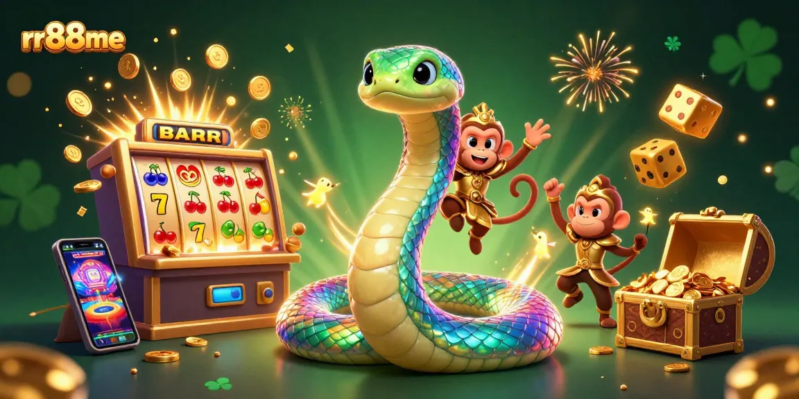 Experience excitement at rr88me with vibrant slots and casino games in this dynamic illustration.