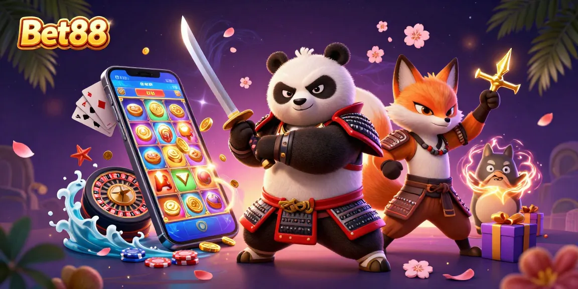 Bet88 offers an exciting 3D digital illustration of a samurai panda and ninja fox among casino elements.
