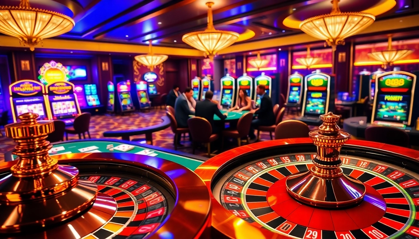Experience the thrill of U888 with players enjoying vibrant casino games and a dazzling roulette wheel.