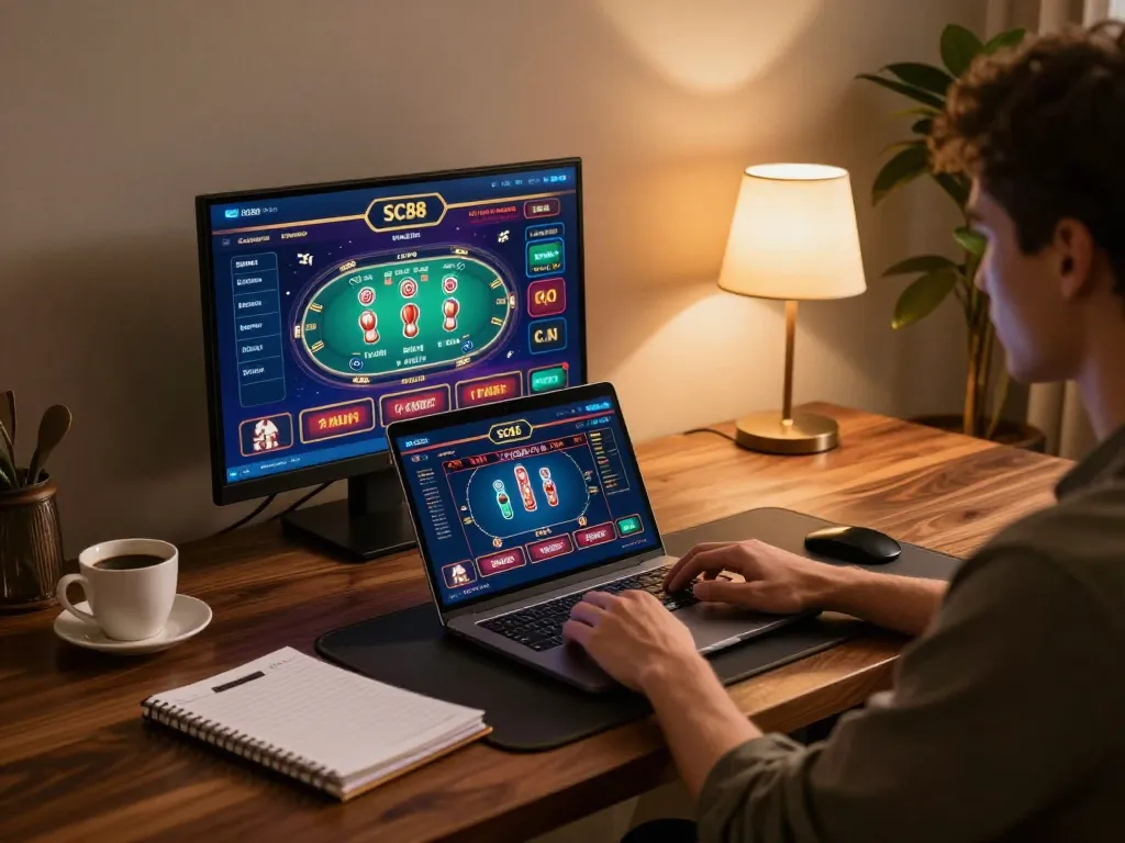 Engaging in SC88 online casino gaming with a laptop at a stylish desk.