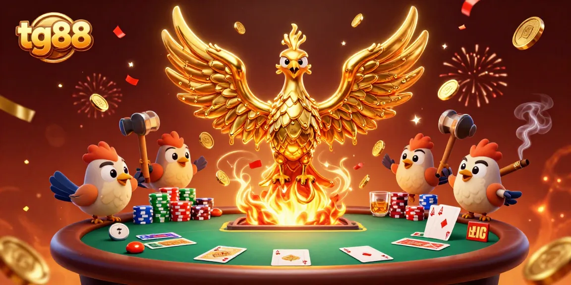 Experience the thrilling moments at tg88 with a 3D phoenix rising among poker elements and gold coins.