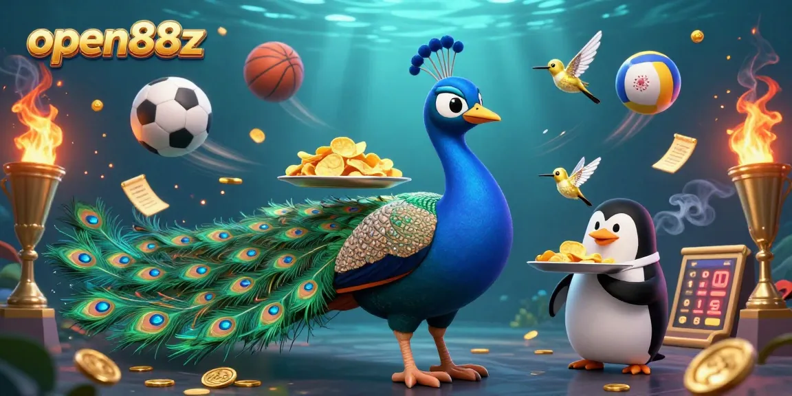 Experience thrilling gameplay at open88z with a colorful casino scene featuring a peacock and vibrant sports elements.