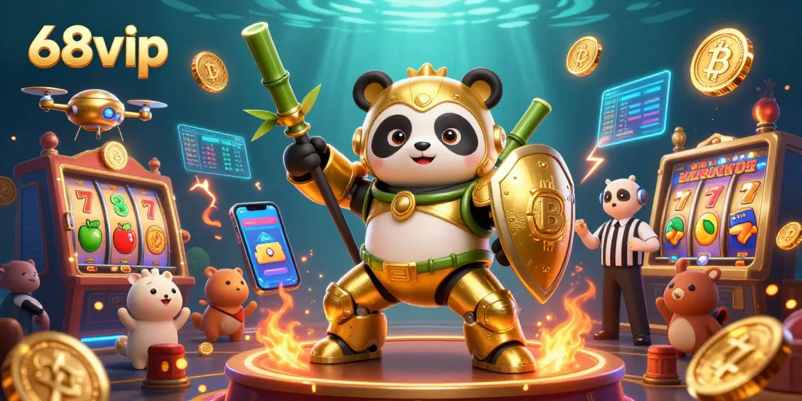 Engage with 68vip in a vibrant casino battle featuring a mech-suit panda and dynamic crypto elements.