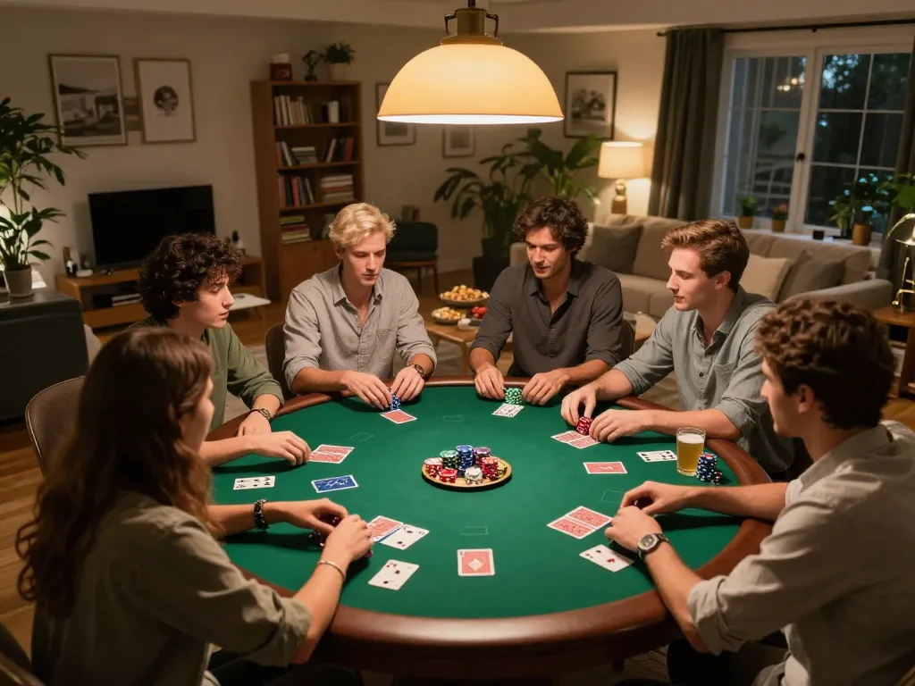 Kubet players actively enjoying a poker game night with friends, cards and chips in hand, capturing engaging social dynamics.