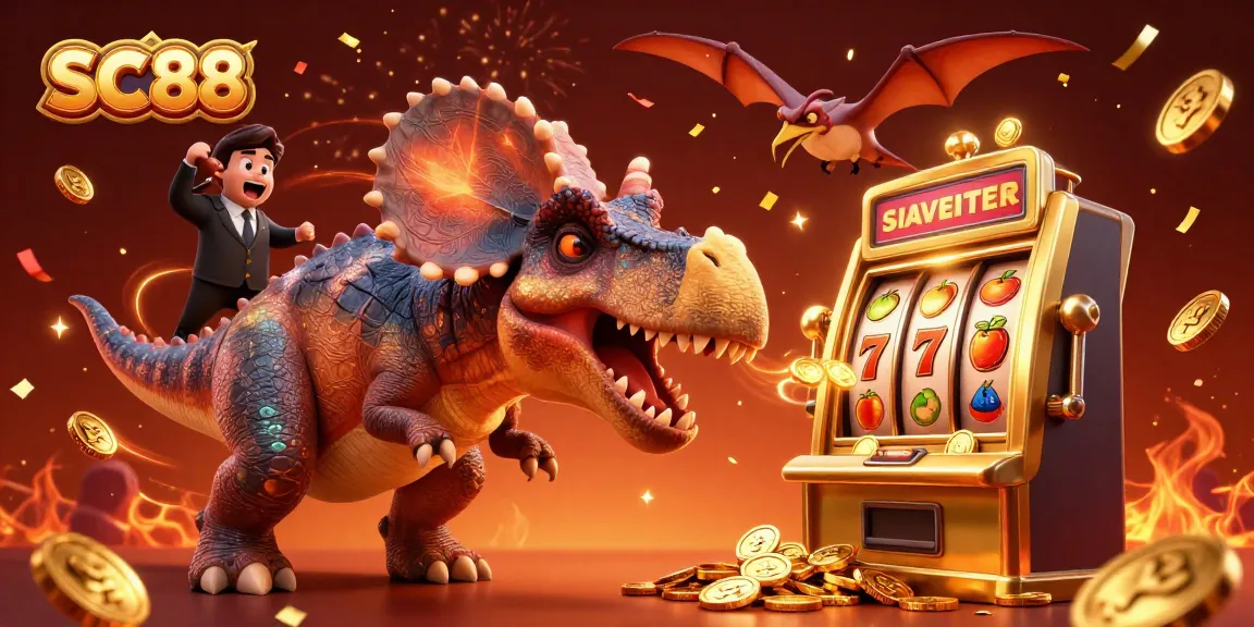 SC88 slots feature a pachycephalosaurus winning coins from a golden slot machine in a vibrant casino