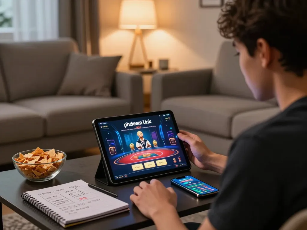 Engaged player using the phdream link on tablet for exciting online casino gaming experience.