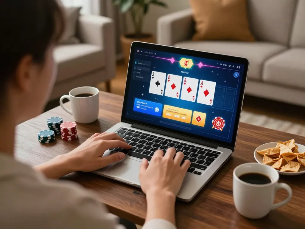 Engaging home gaming scene using link ok365 for online poker with a cozy atmosphere.
